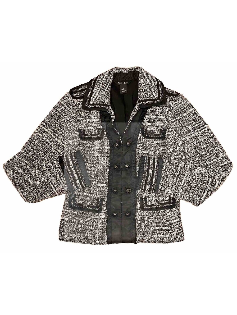 WHBM Blazer Women’s Sz 2 Tweed Clasp Front Ruffles Jacket Chains Wool